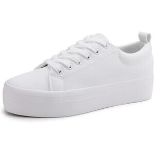 New Jabasic Womens Size 8 White Faux Leather Lace Up Platform Sneaker Shoes